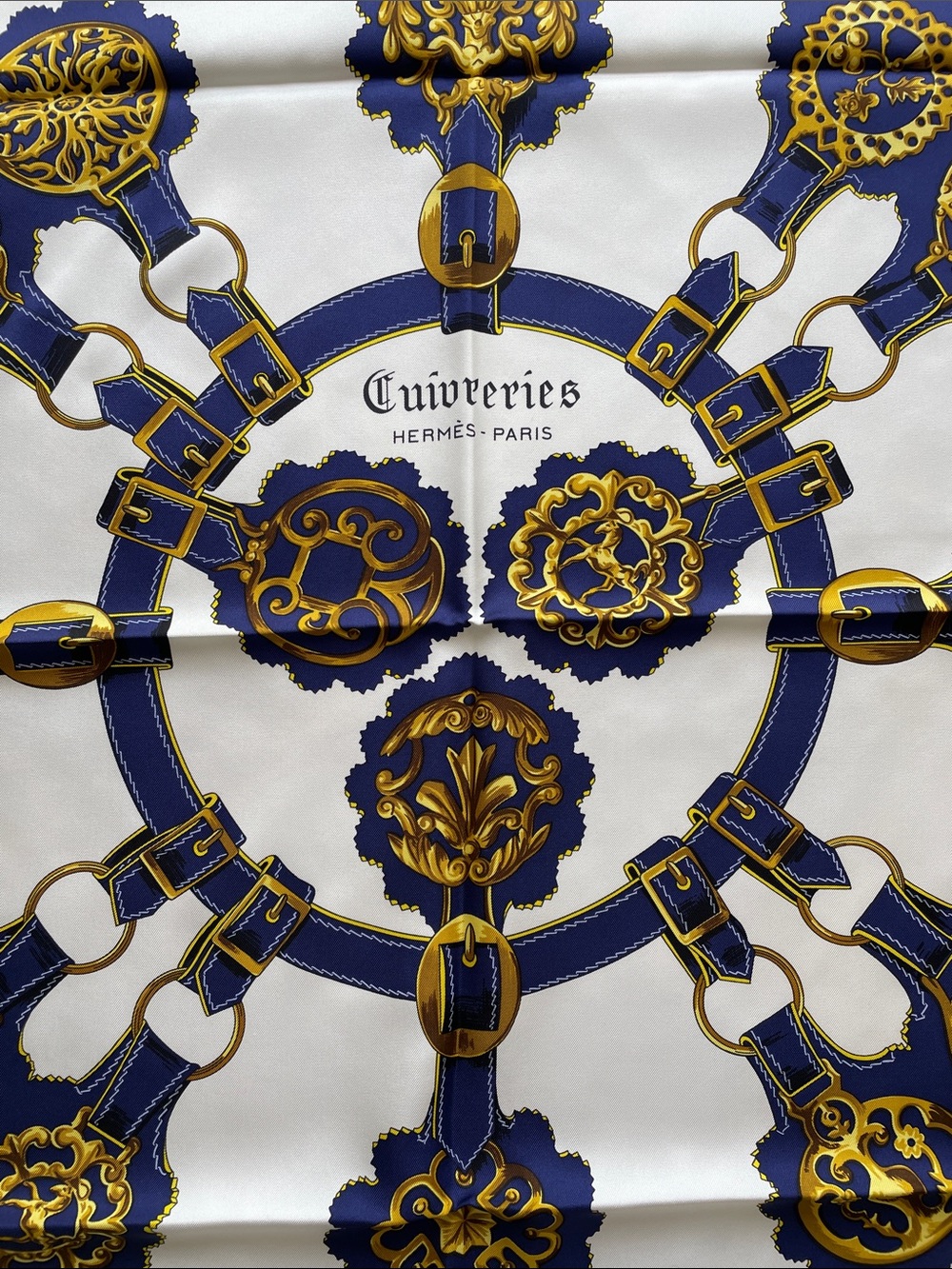 Hermes Yellow Blue White 'Cuiveries' Silk Scarf - Picture 2 of 5